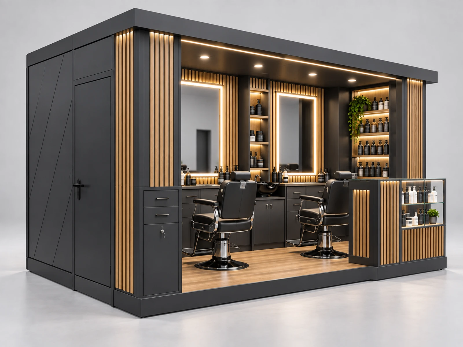 Barber and Product Retail Kiosk with Merchandise Shelving opposite angle showing the complete layout