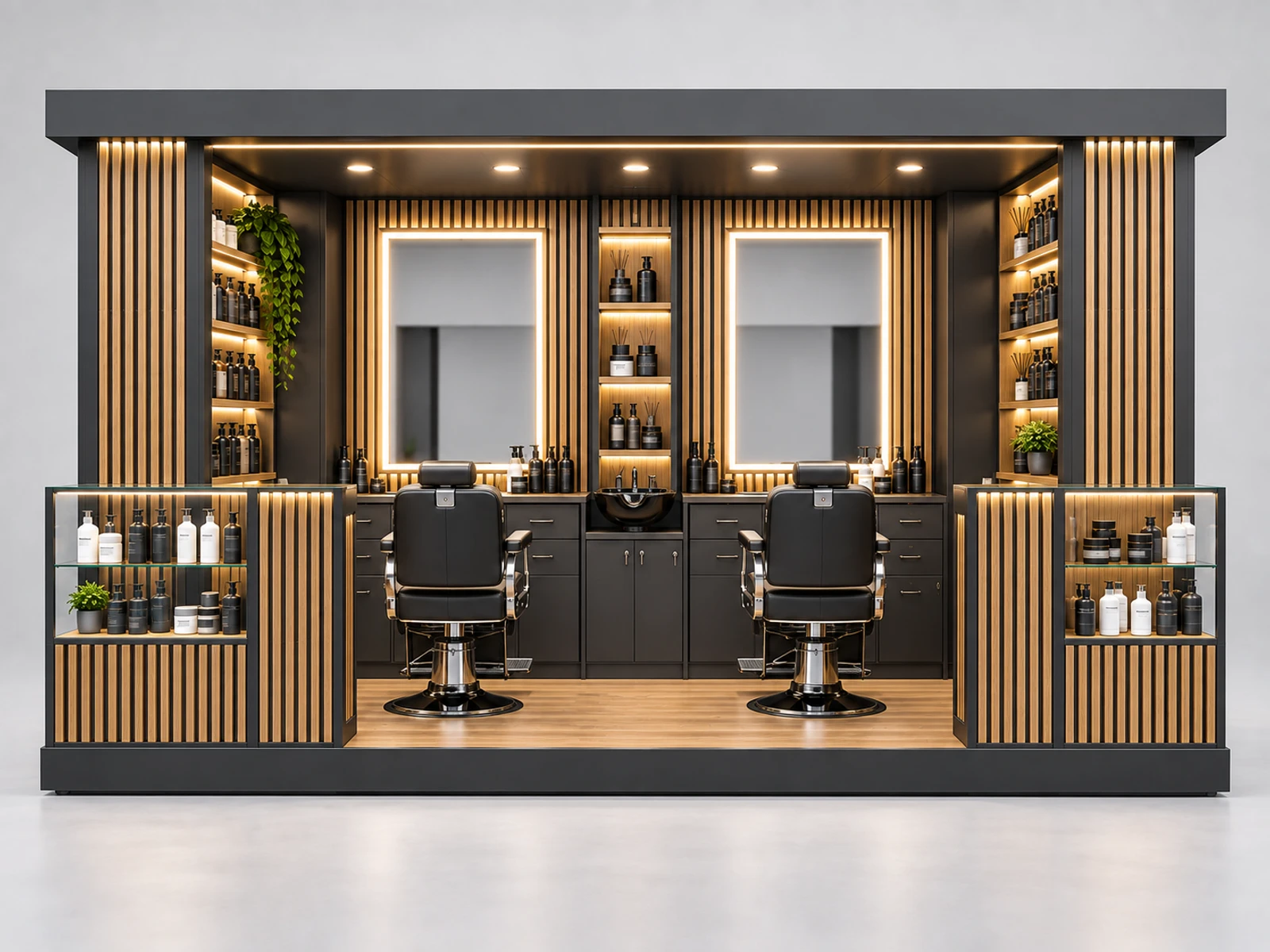 Barber and Product Retail Kiosk with Merchandise Shelving customer-facing service and display detail