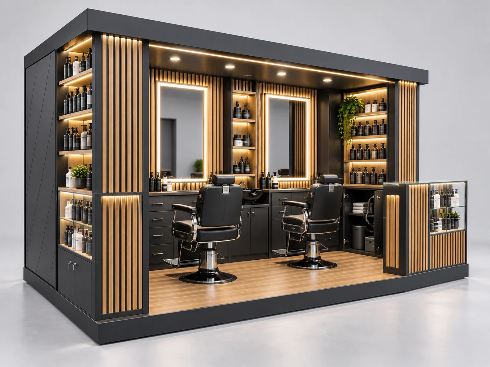 Barber and Product Retail Kiosk with Merchandise Shelving staff-side equipment, utilities, and storage view
