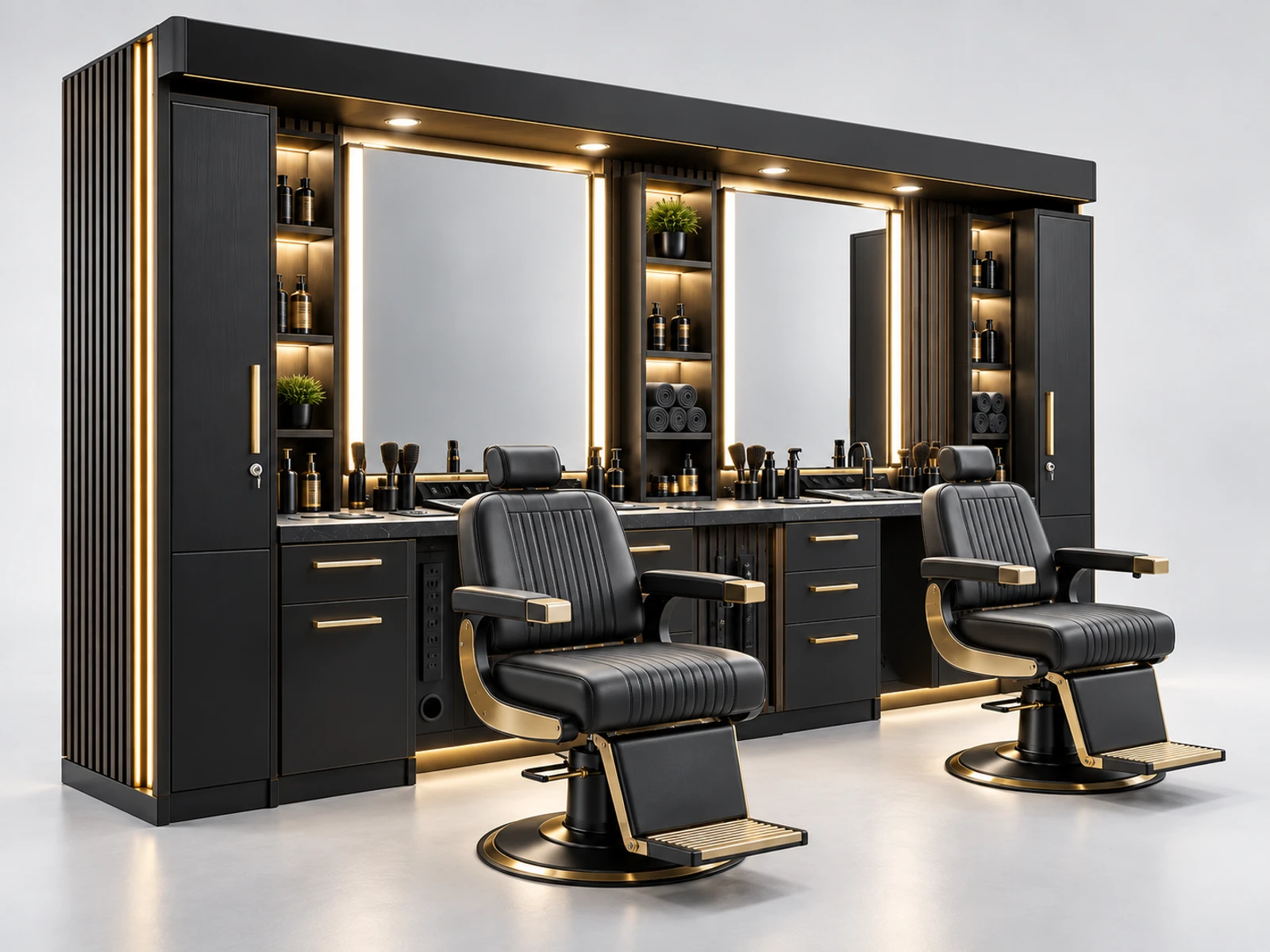 Black Gold Barber Pod with Tool Storage Wall opposite angle showing the complete layout