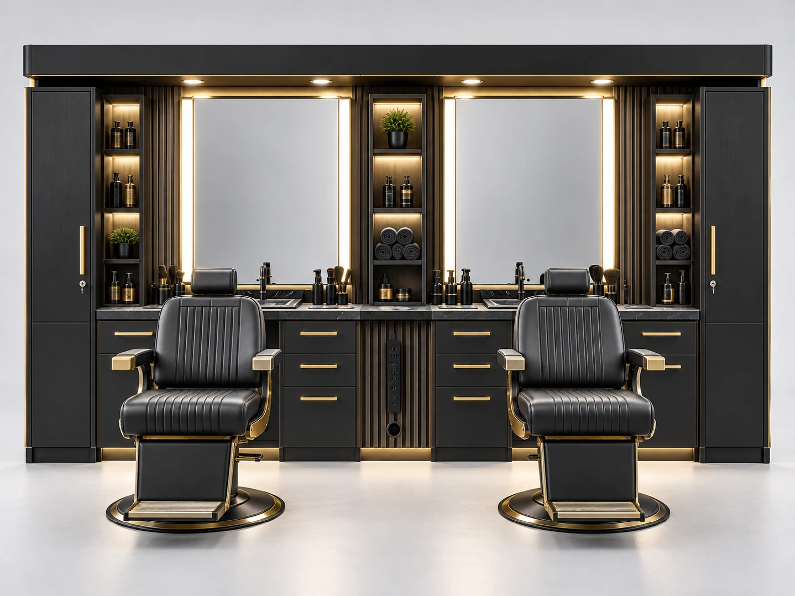 Black Gold Barber Pod with Tool Storage Wall customer-facing service and display detail