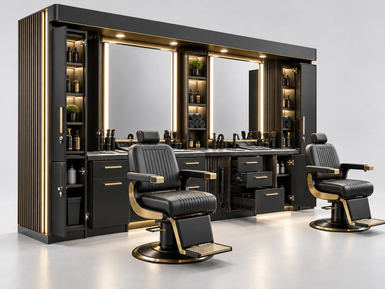 Black Gold Barber Pod with Tool Storage Wall staff-side equipment, utilities, and storage view
