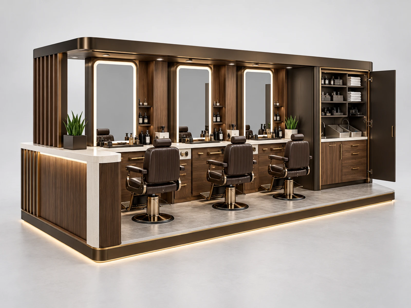 Commercial Barber Kiosk with Sanitation Storage main three-quarter product view