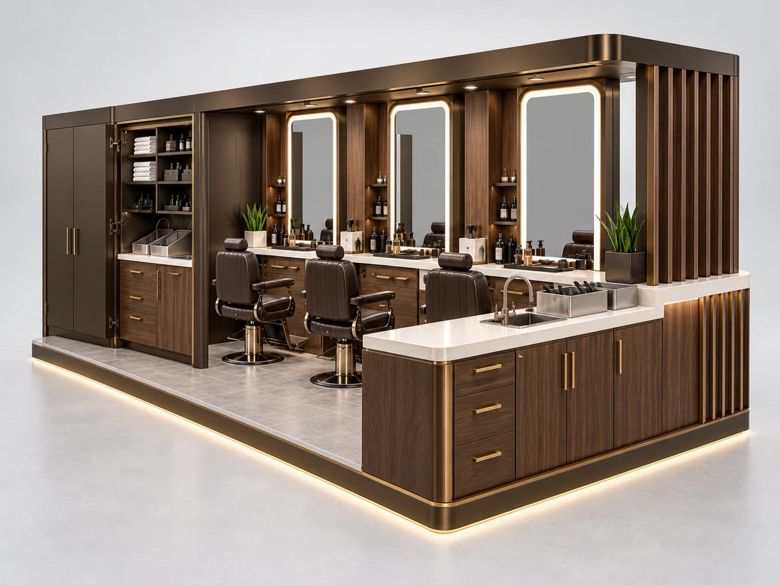 Commercial Barber Kiosk with Sanitation Storage opposite angle showing the complete layout