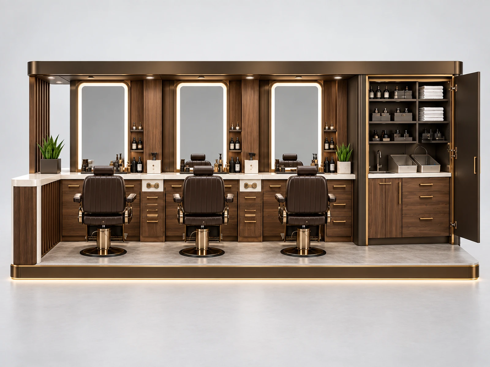 Commercial Barber Kiosk with Sanitation Storage customer-facing service and display detail