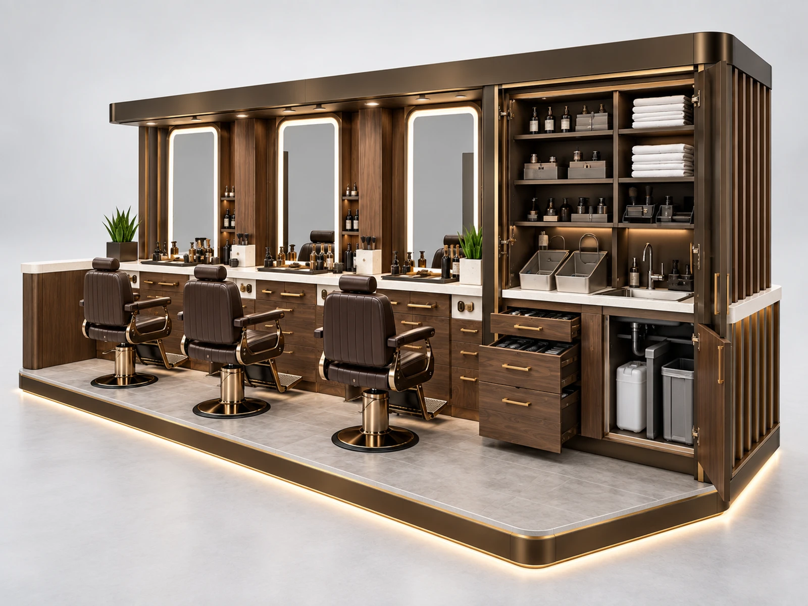 Commercial Barber Kiosk with Sanitation Storage staff-side equipment, utilities, and storage view