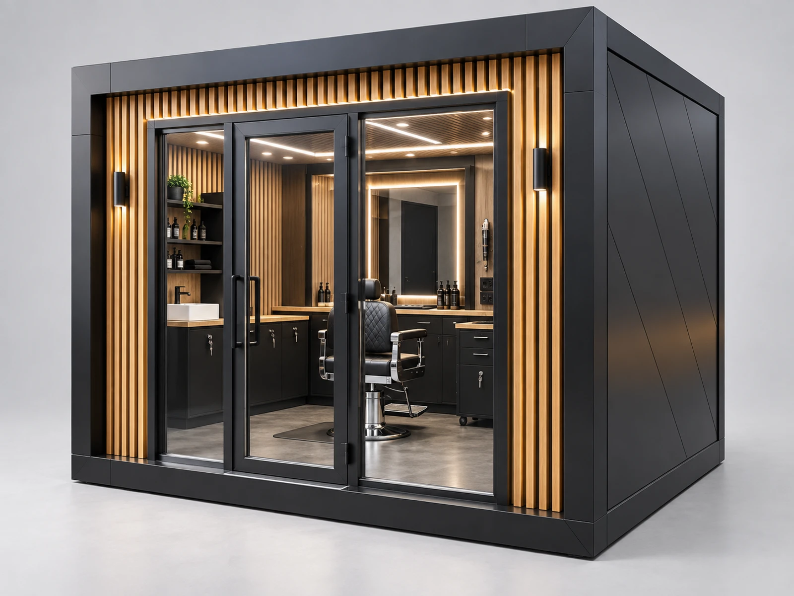Compact Mall Barber Kiosk with Single Chair Layout main three-quarter product view