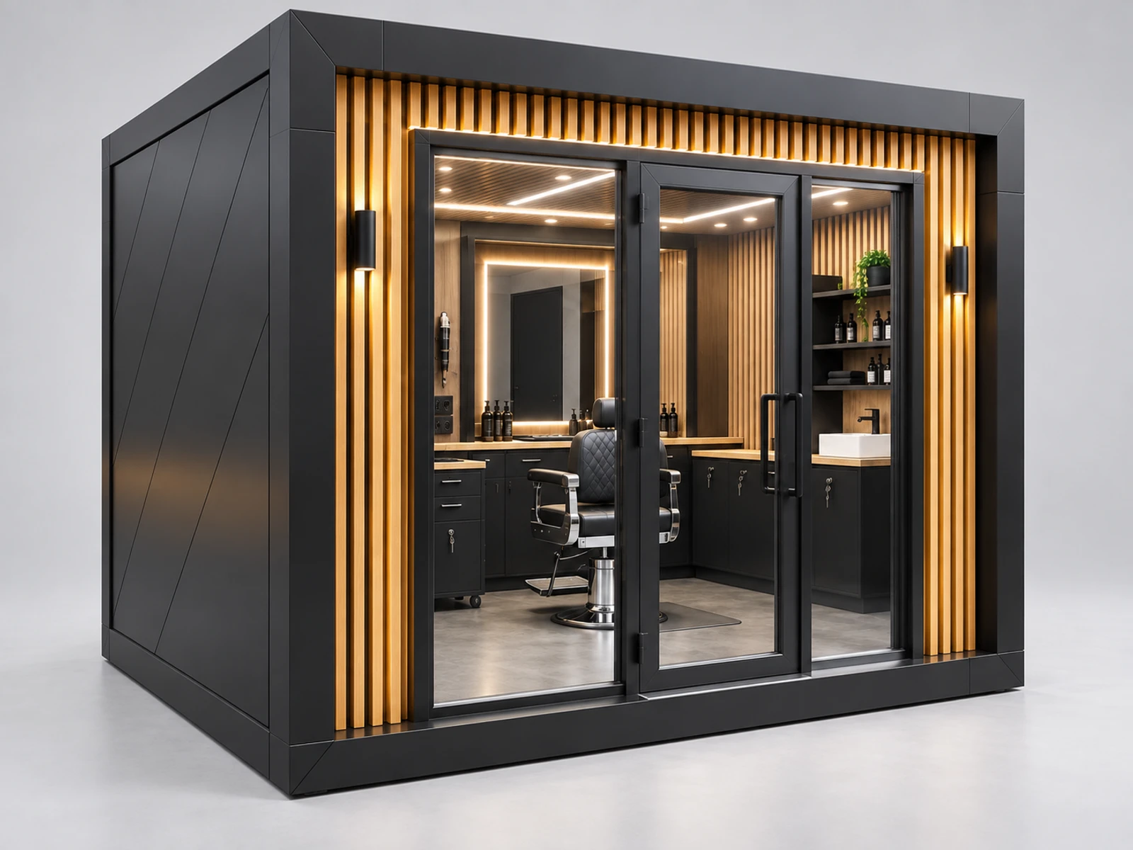 Compact Mall Barber Kiosk with Single Chair Layout opposite angle showing the complete layout