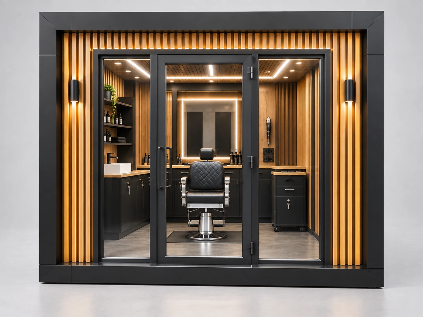 Compact Mall Barber Kiosk with Single Chair Layout customer-facing service and display detail