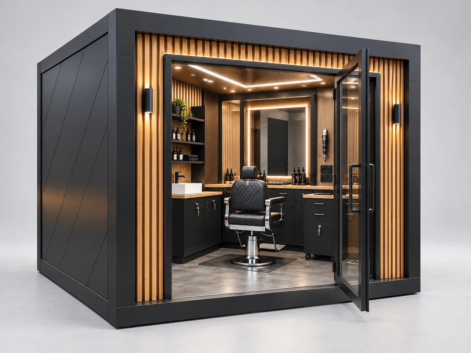 Compact Mall Barber Kiosk with Single Chair Layout staff-side equipment, utilities, and storage view