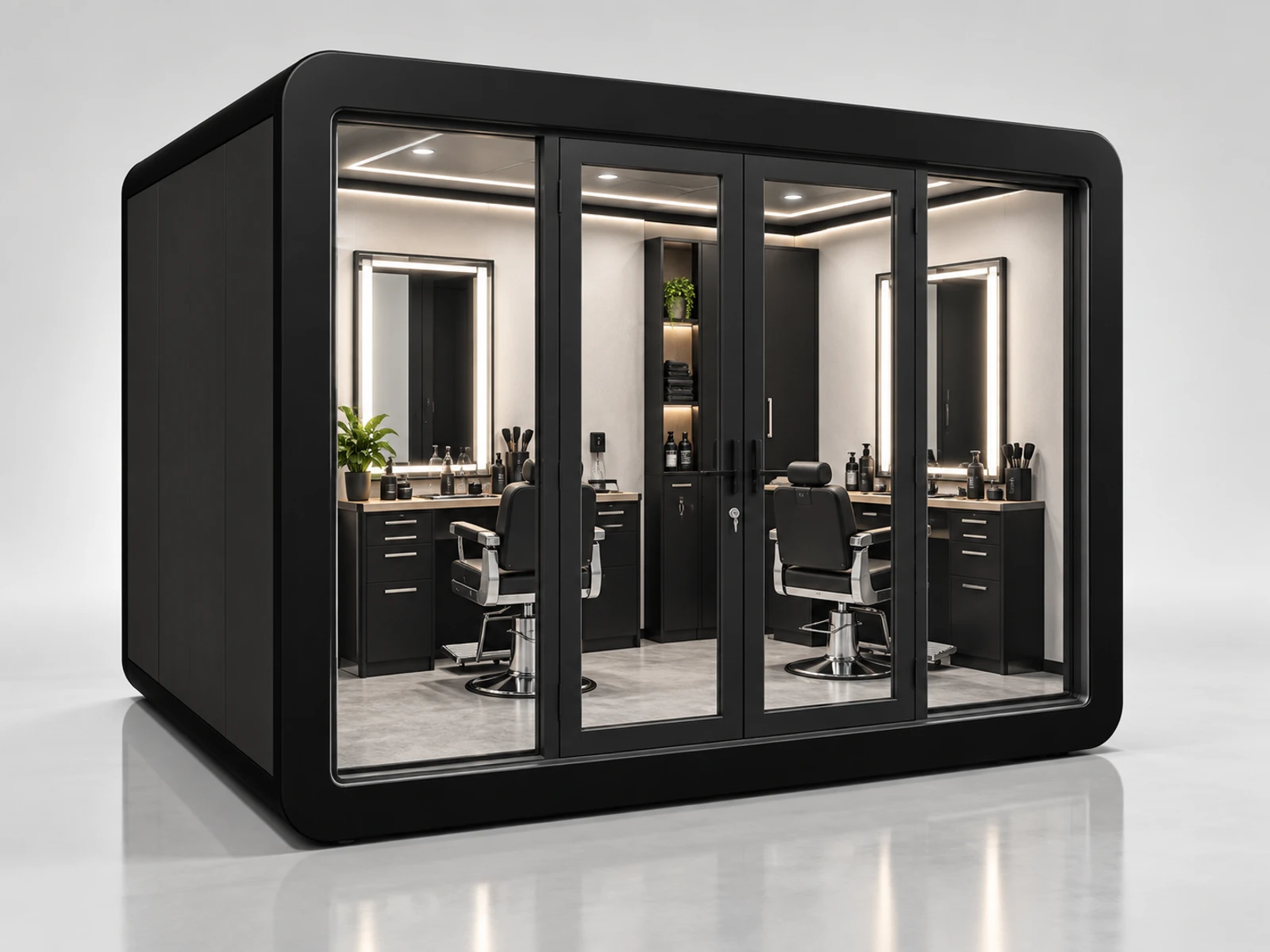 Corner Barber Kiosk with Space-Saving Workstations main three-quarter product view