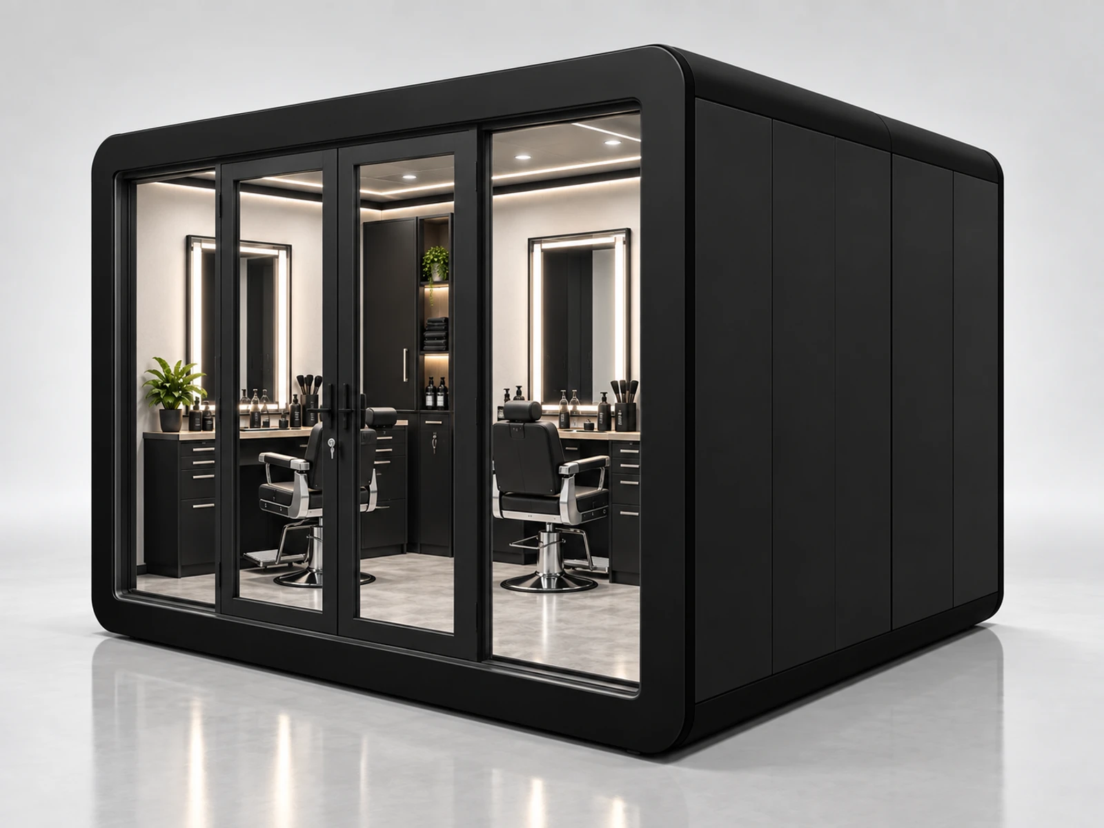 Corner Barber Kiosk with Space-Saving Workstations opposite angle showing the complete layout