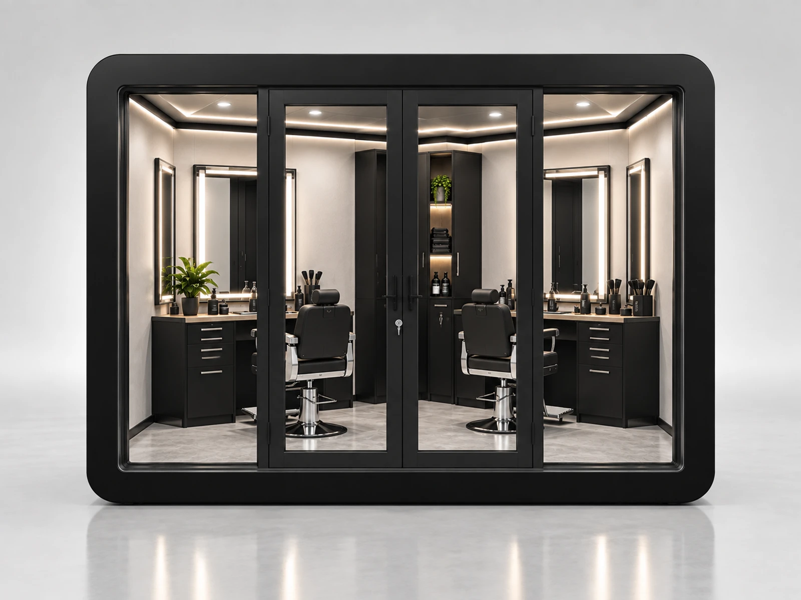 Corner Barber Kiosk with Space-Saving Workstations customer-facing service and display detail