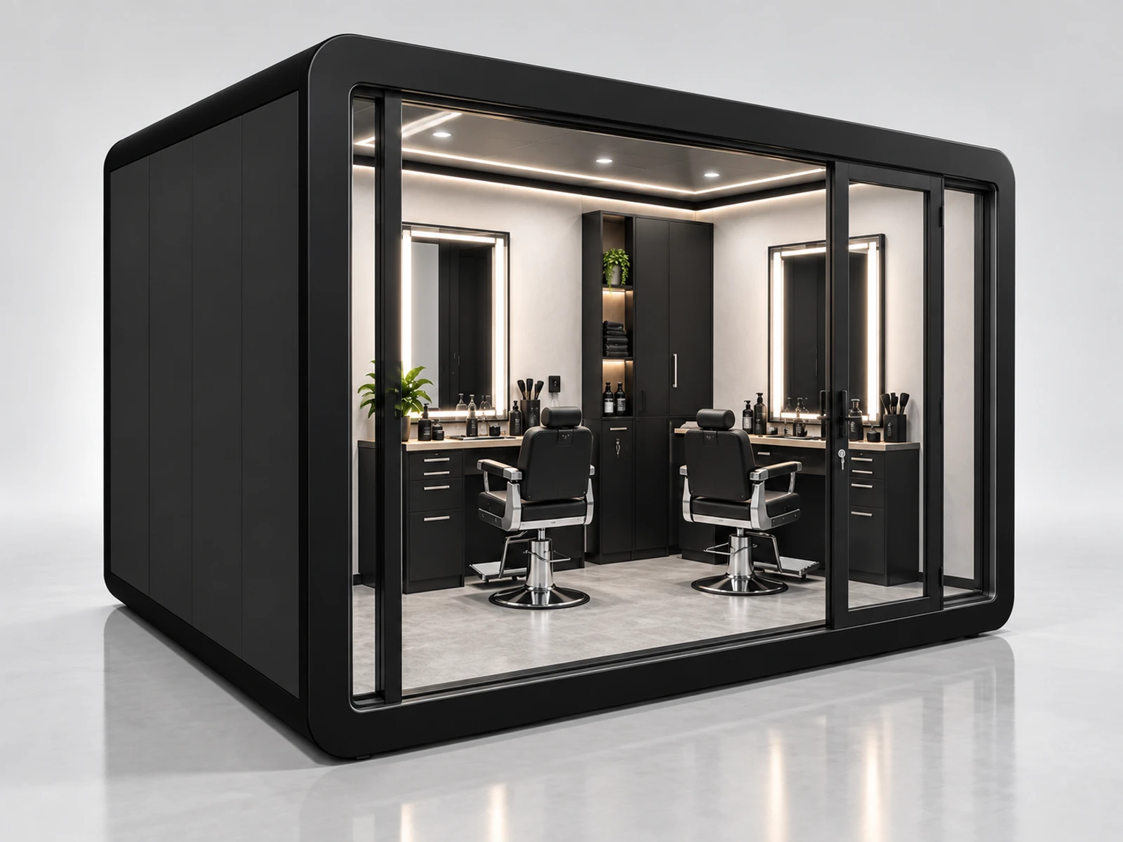 Corner Barber Kiosk with Space-Saving Workstations staff-side equipment, utilities, and storage view