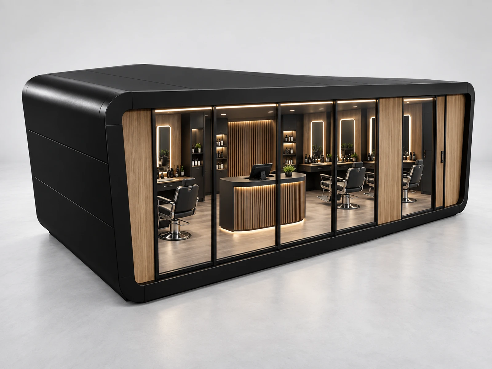 Curved Barber Kiosk with Central Reception Counter main three-quarter product view