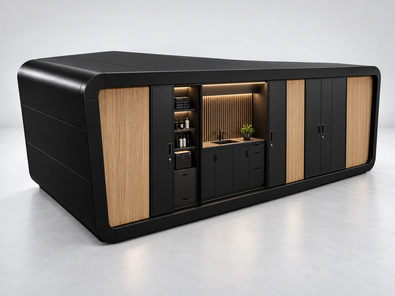 Curved Barber Kiosk with Central Reception Counter opposite angle showing the complete layout