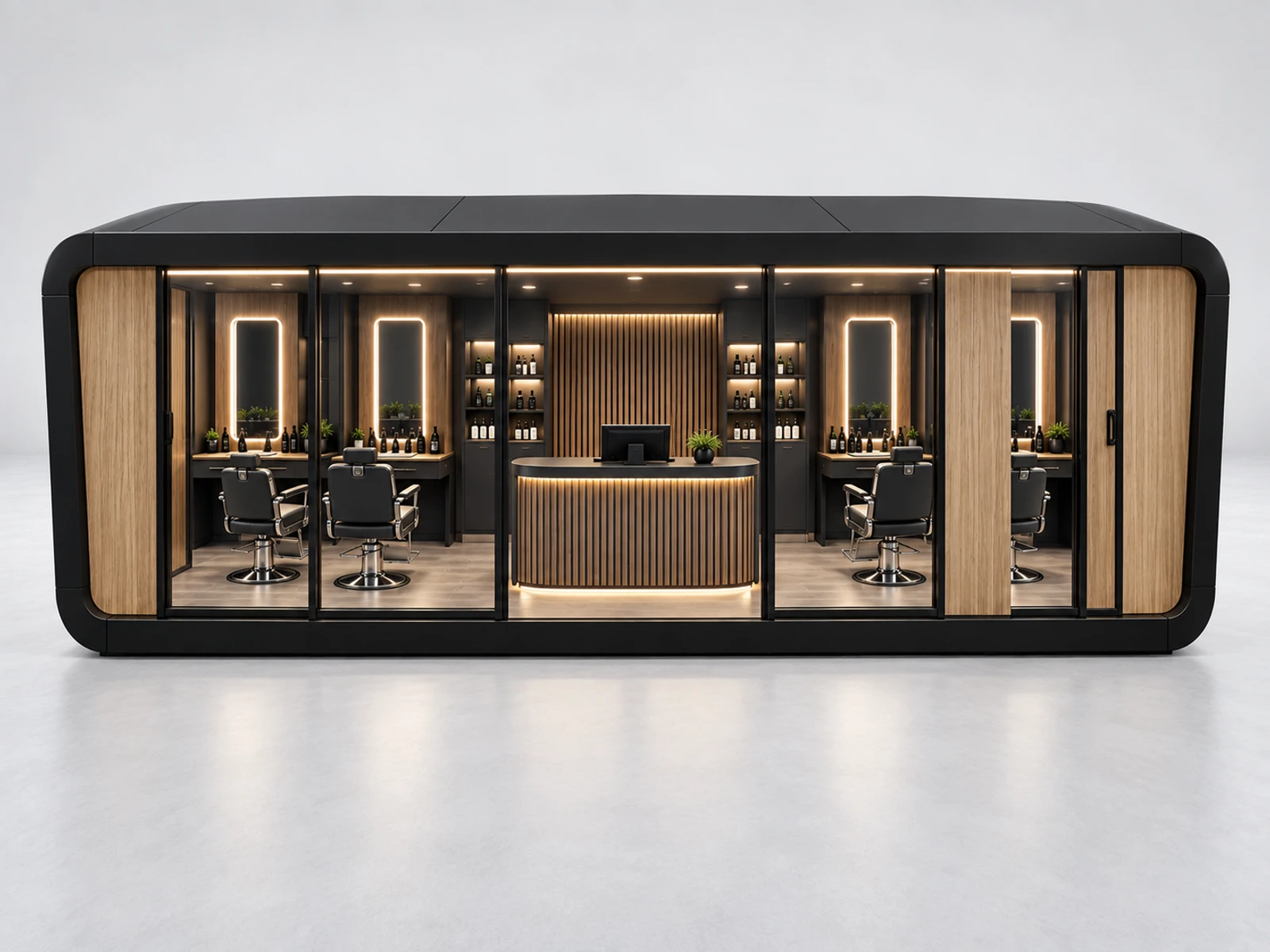 Curved Barber Kiosk with Central Reception Counter customer-facing service and display detail