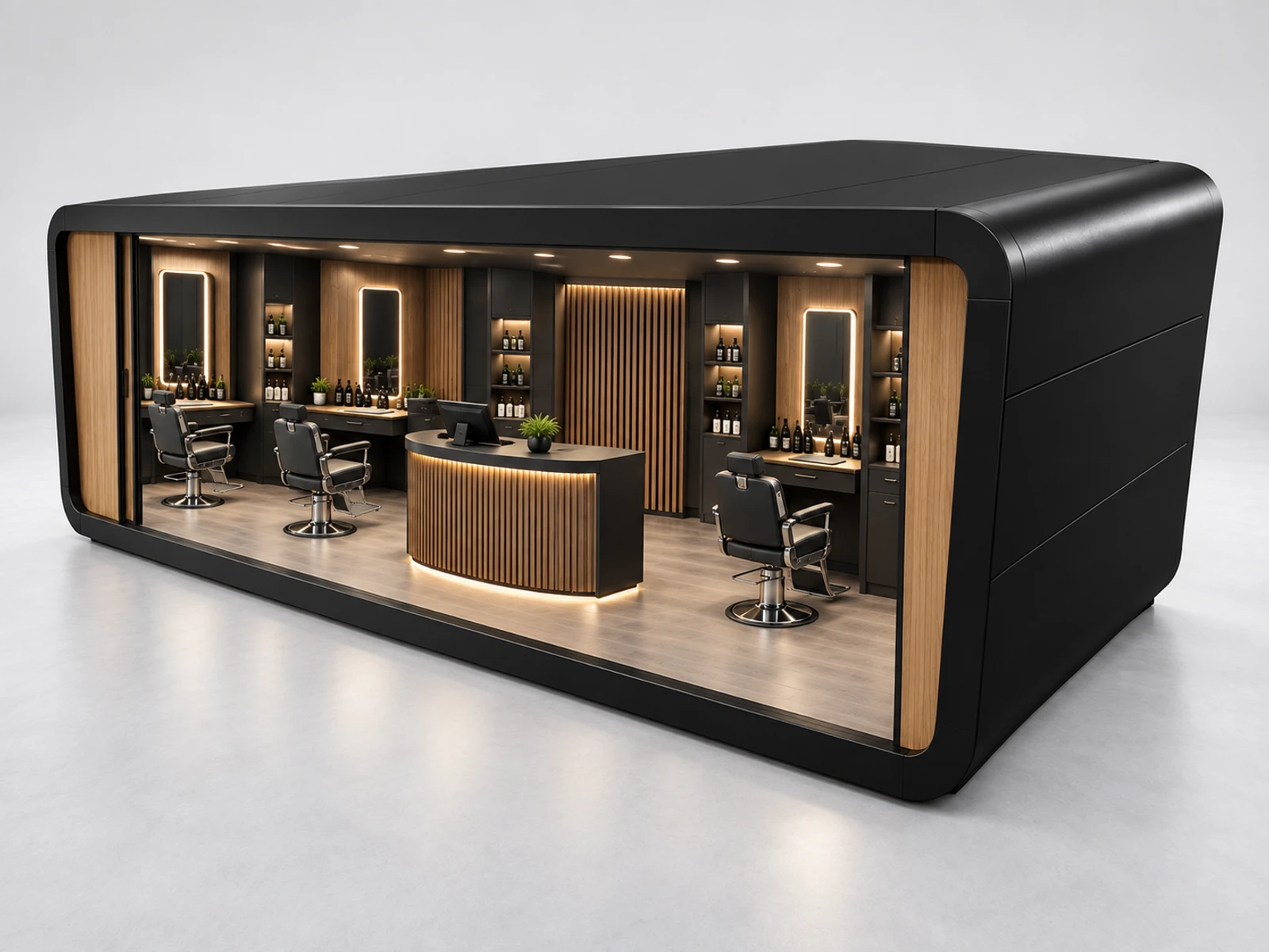 Curved Barber Kiosk with Central Reception Counter staff-side equipment, utilities, and storage view