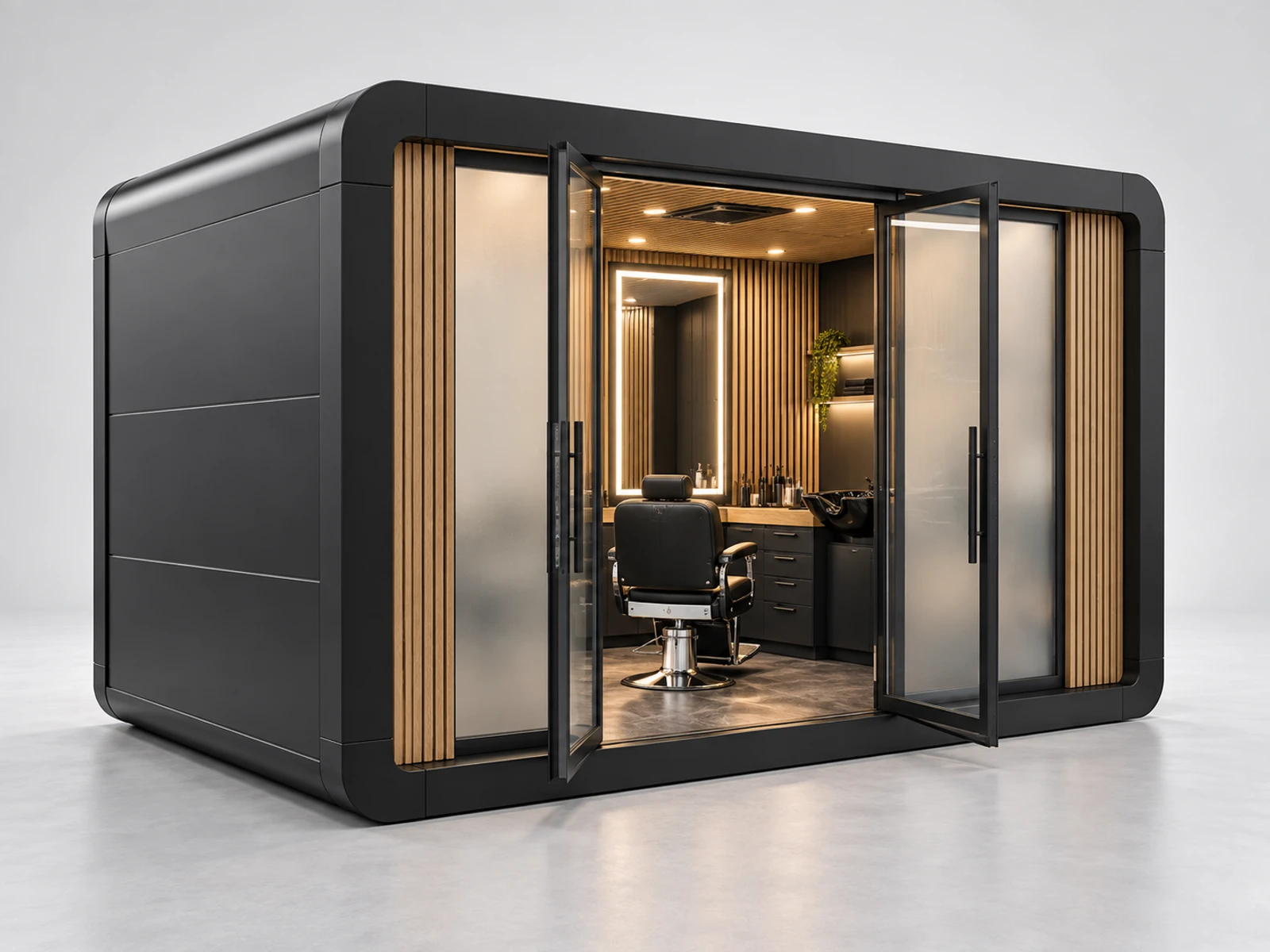 Enclosed Barber Pod with Acoustic Privacy Panels main three-quarter product view