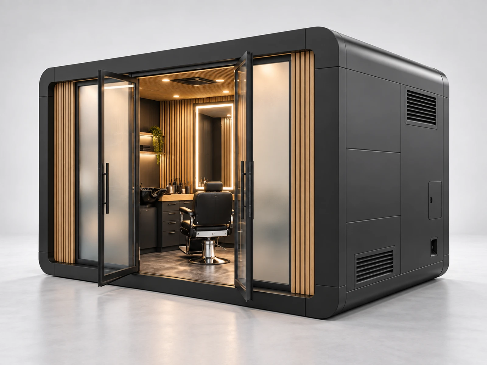 Enclosed Barber Pod with Acoustic Privacy Panels opposite angle showing the complete layout