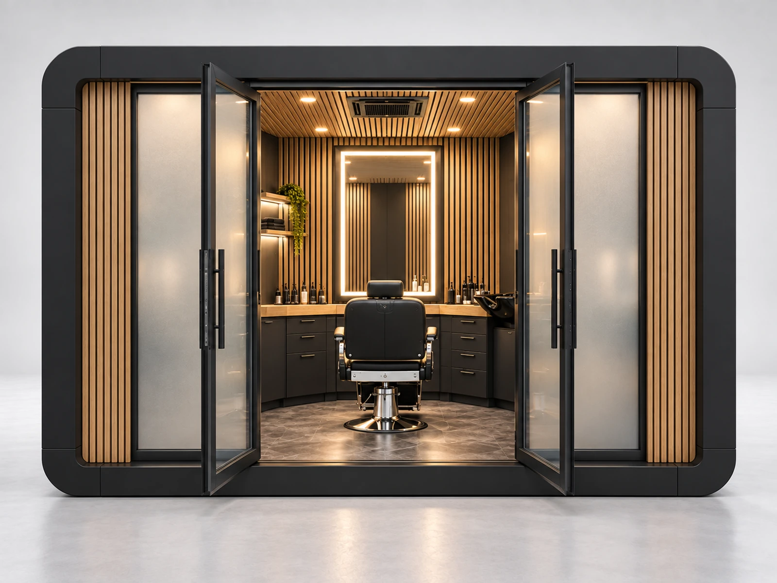 Enclosed Barber Pod with Acoustic Privacy Panels customer-facing service and display detail