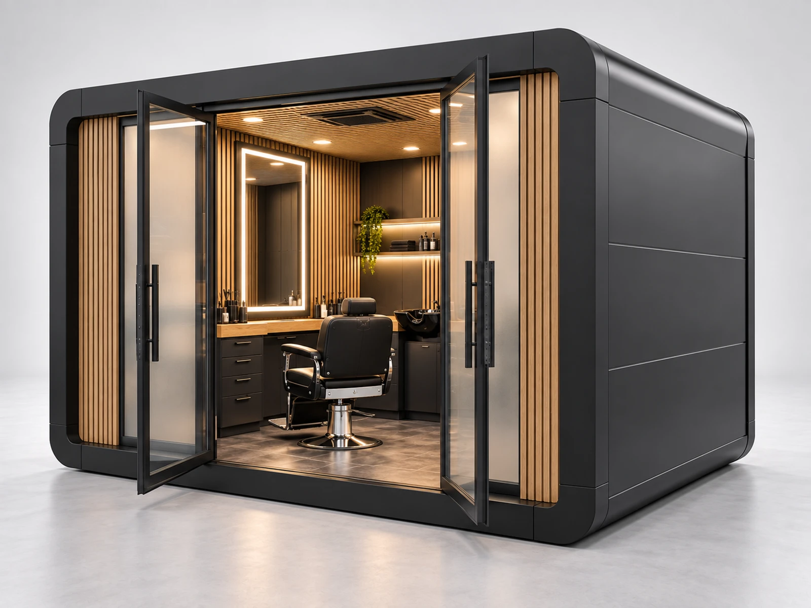 Enclosed Barber Pod with Acoustic Privacy Panels staff-side equipment, utilities, and storage view