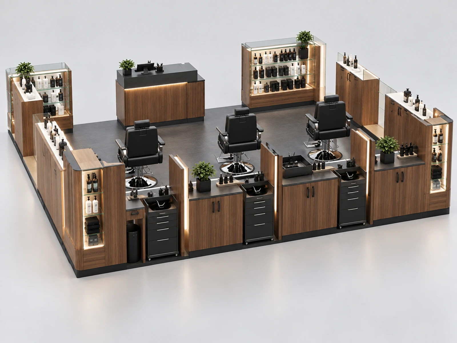 Executive Grooming Kiosk with Consultation and Retail Display opposite angle showing the complete layout