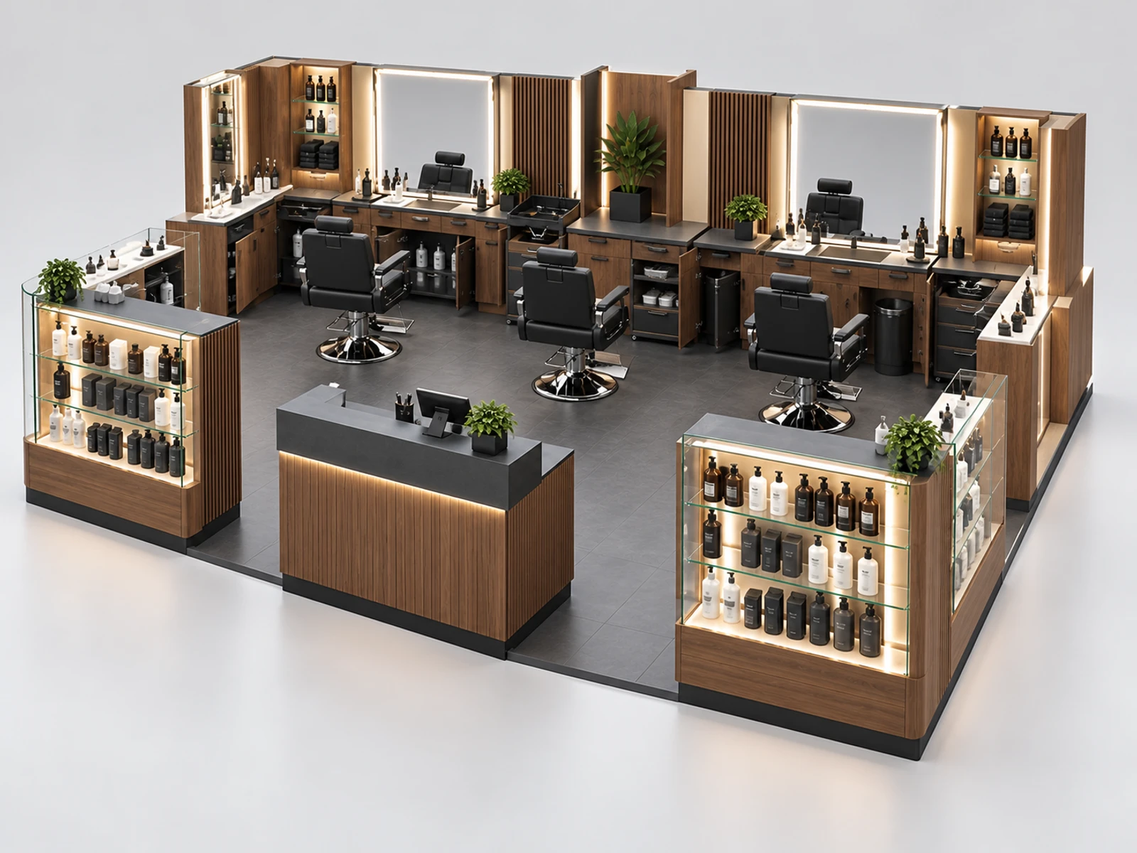 Executive Grooming Kiosk with Consultation and Retail Display staff-side equipment, utilities, and storage view