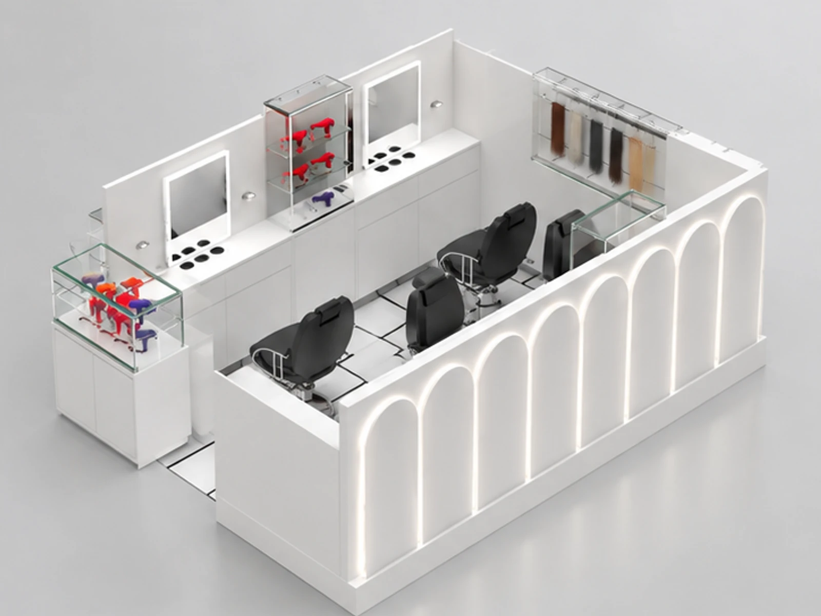 Factory wholesale hair beauty salon kiosk in mall barber chairs barber furniture for sales opposite angle and overall footprint