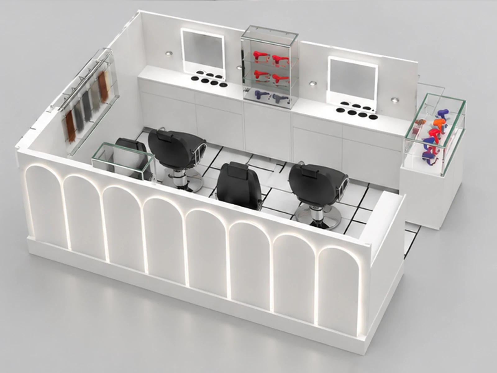 Factory wholesale hair beauty salon kiosk in mall barber chairs barber furniture for sales staff-side equipment and storage view