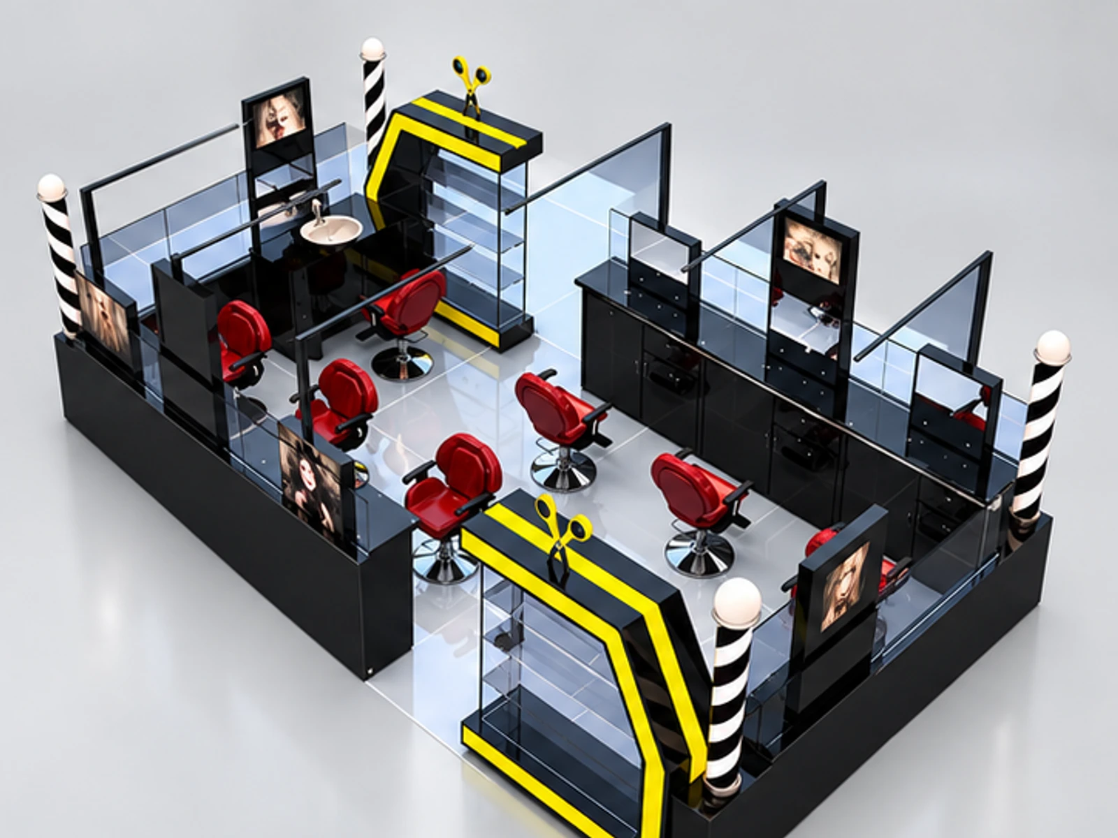 Fashion Design Barber Kiosk Customized Hair Cutting Counter Booth Hairdressing Kiosk opposite angle and overall footprint