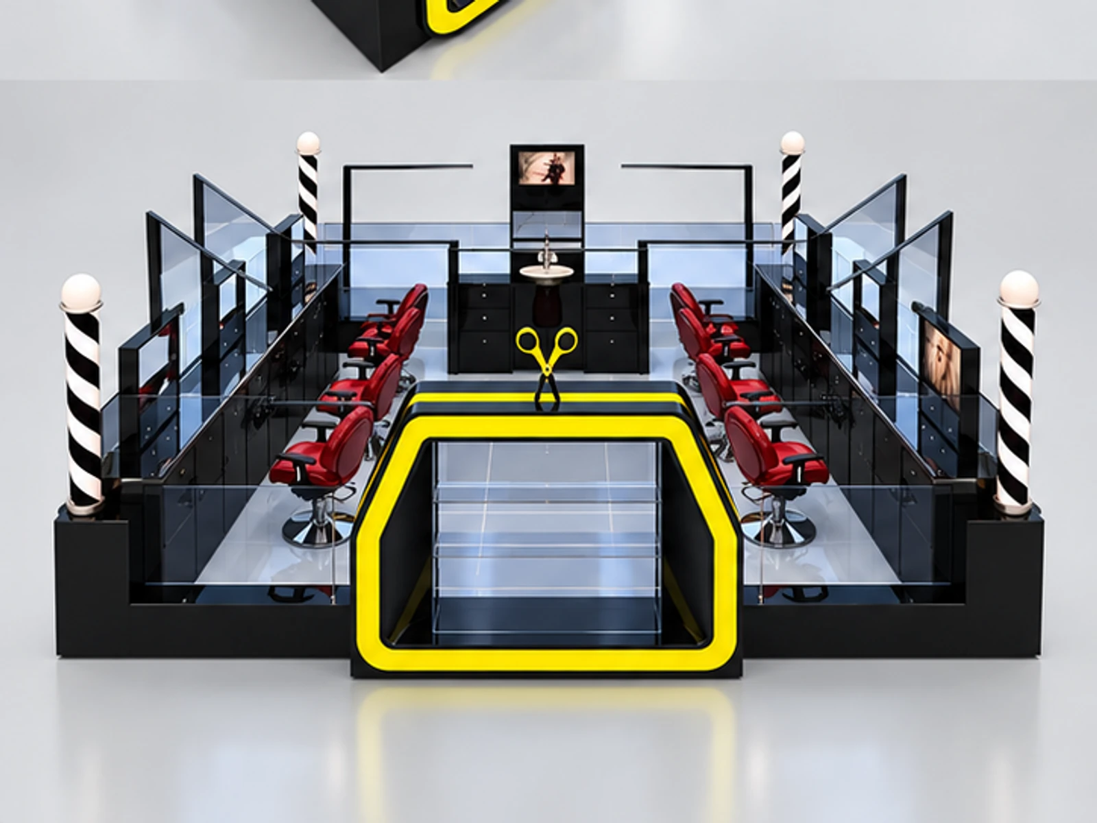Fashion Design Barber Kiosk Customized Hair Cutting Counter Booth Hairdressing Kiosk customer-facing service and display view