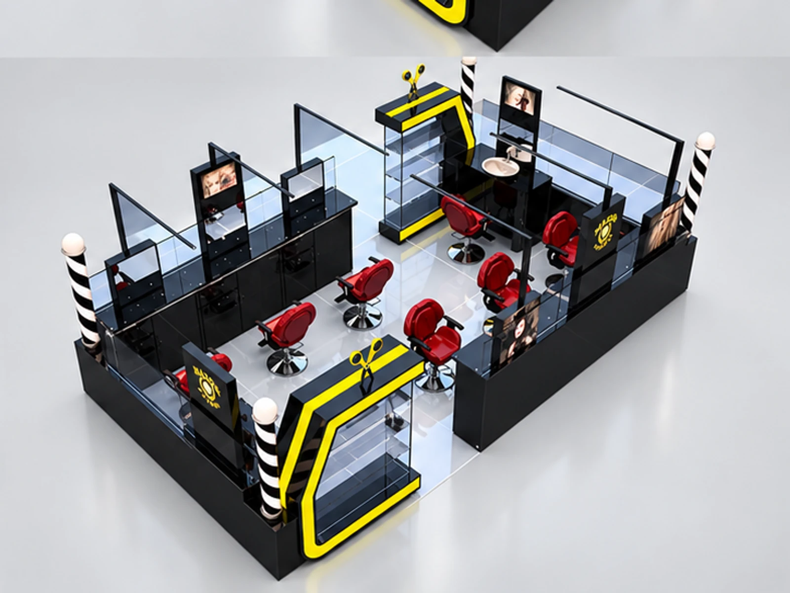 Fashion Design Barber Kiosk Customized Hair Cutting Counter Booth Hairdressing Kiosk staff-side equipment and storage view