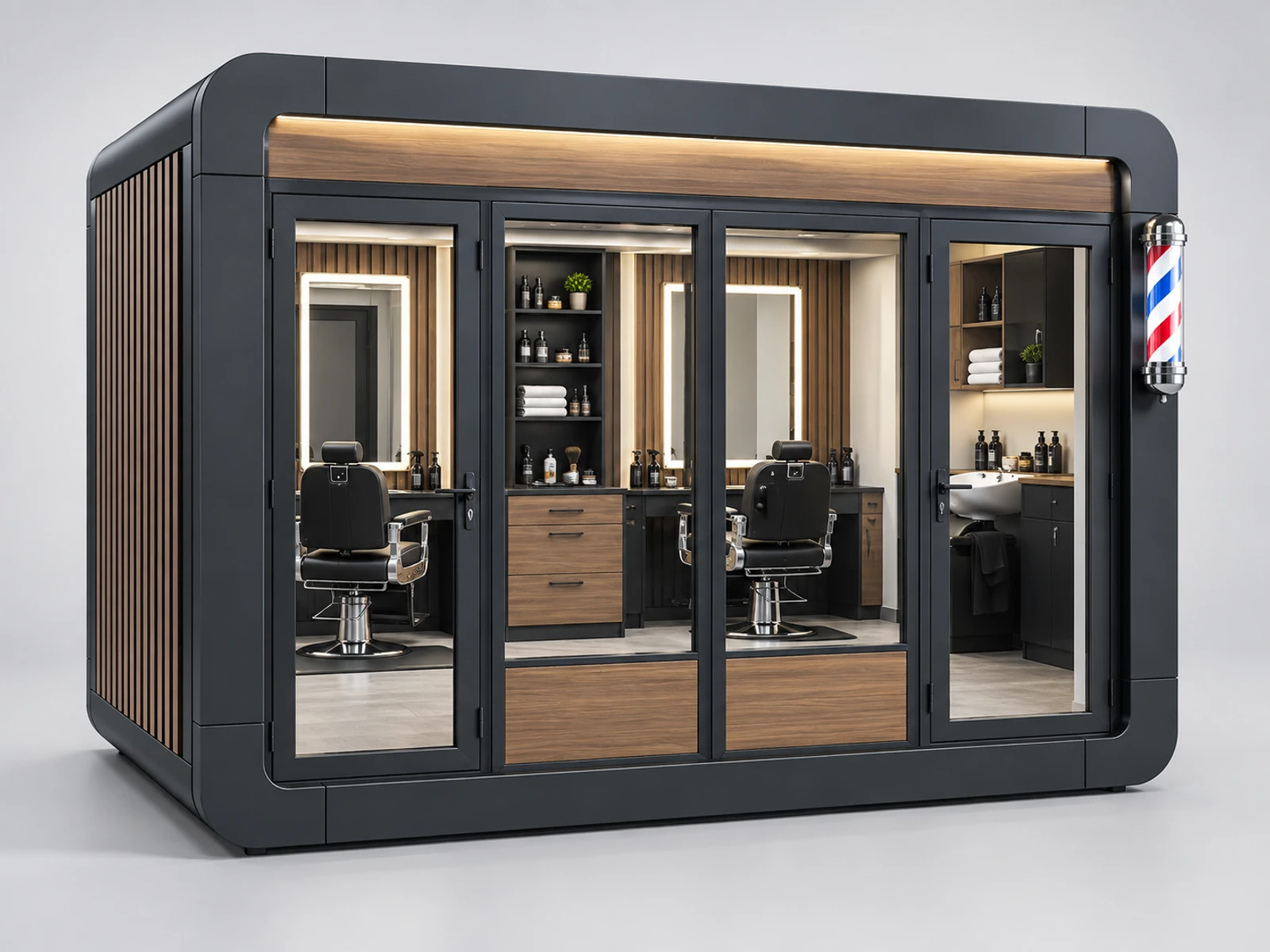 Franchise Barber Kiosk with Repeatable Brand Package main three-quarter product view