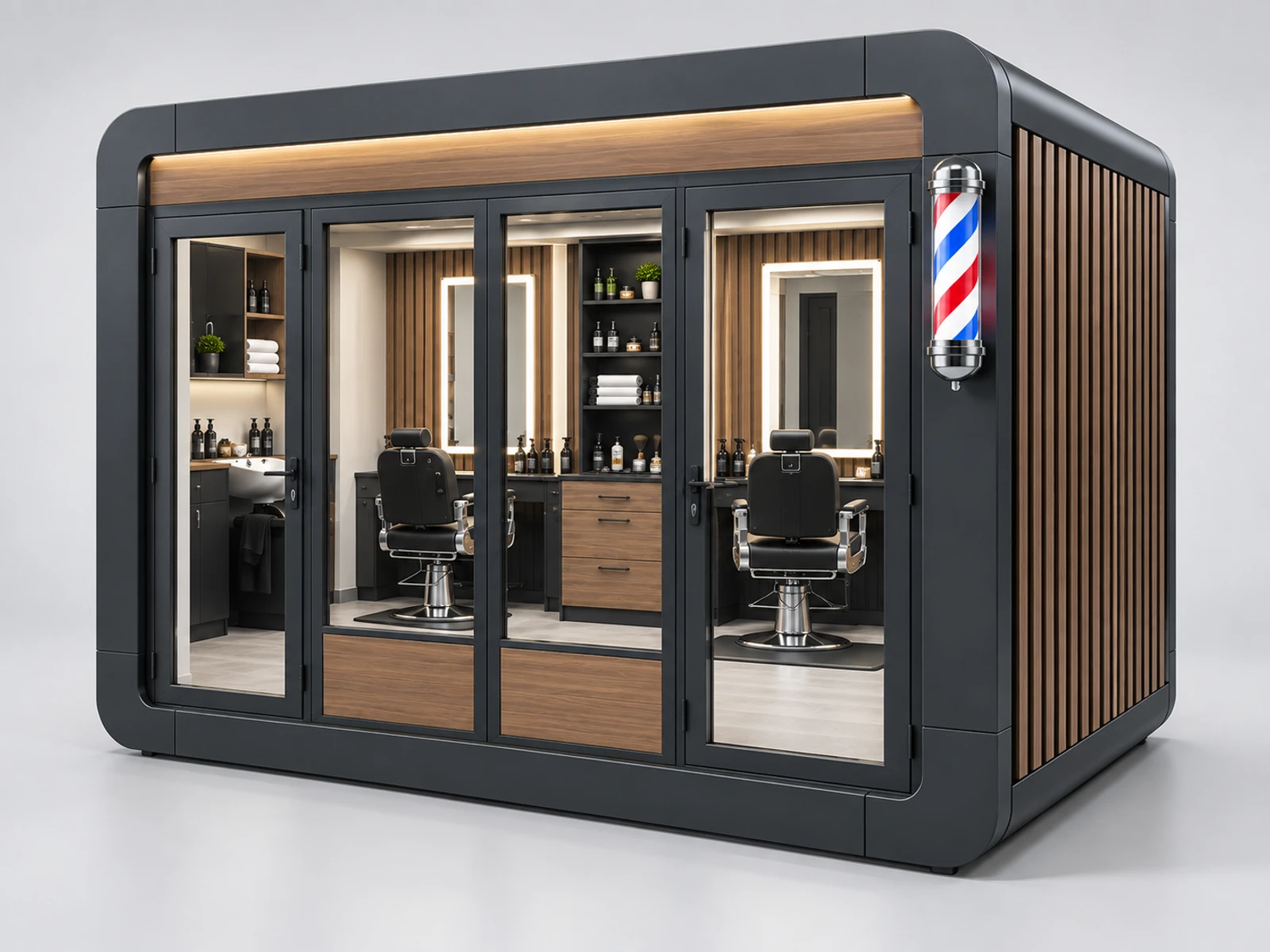 Franchise Barber Kiosk with Repeatable Brand Package opposite angle showing the complete layout