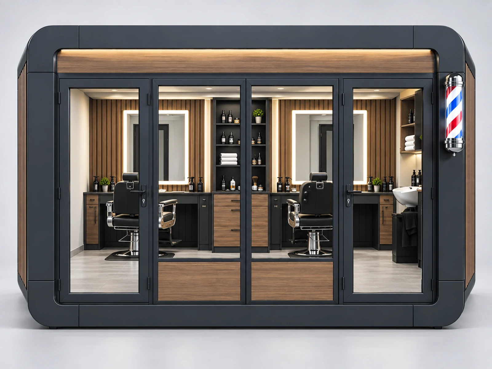 Franchise Barber Kiosk with Repeatable Brand Package customer-facing service and display detail