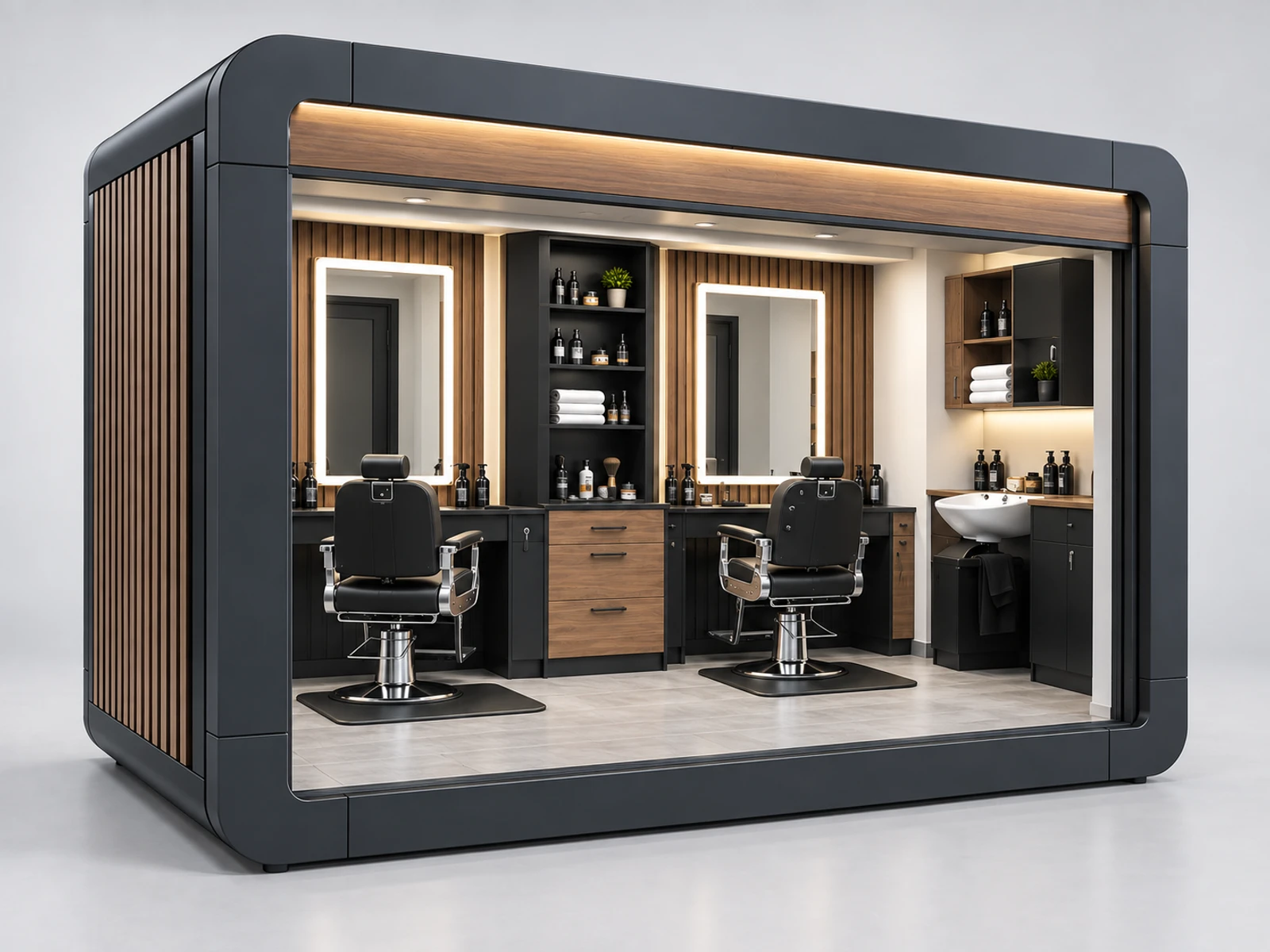 Franchise Barber Kiosk with Repeatable Brand Package staff-side equipment, utilities, and storage view