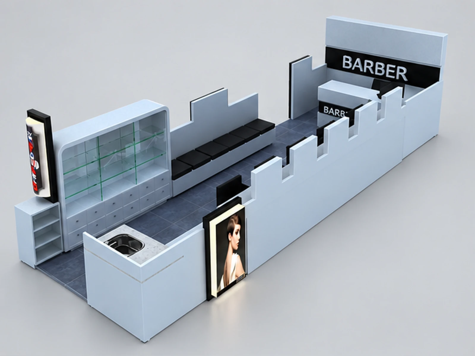 High end barber kiosk hair salon kiosk used in mall main three-quarter view