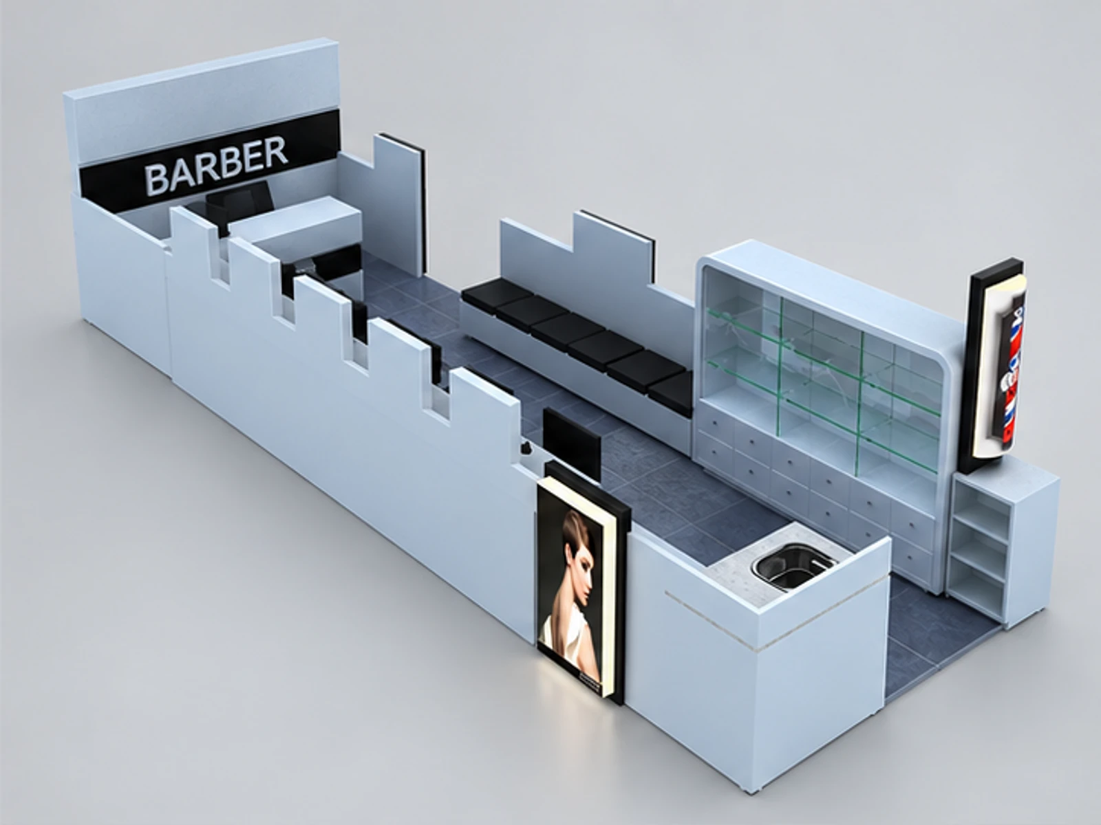 High end barber kiosk hair salon kiosk used in mall opposite angle and overall footprint