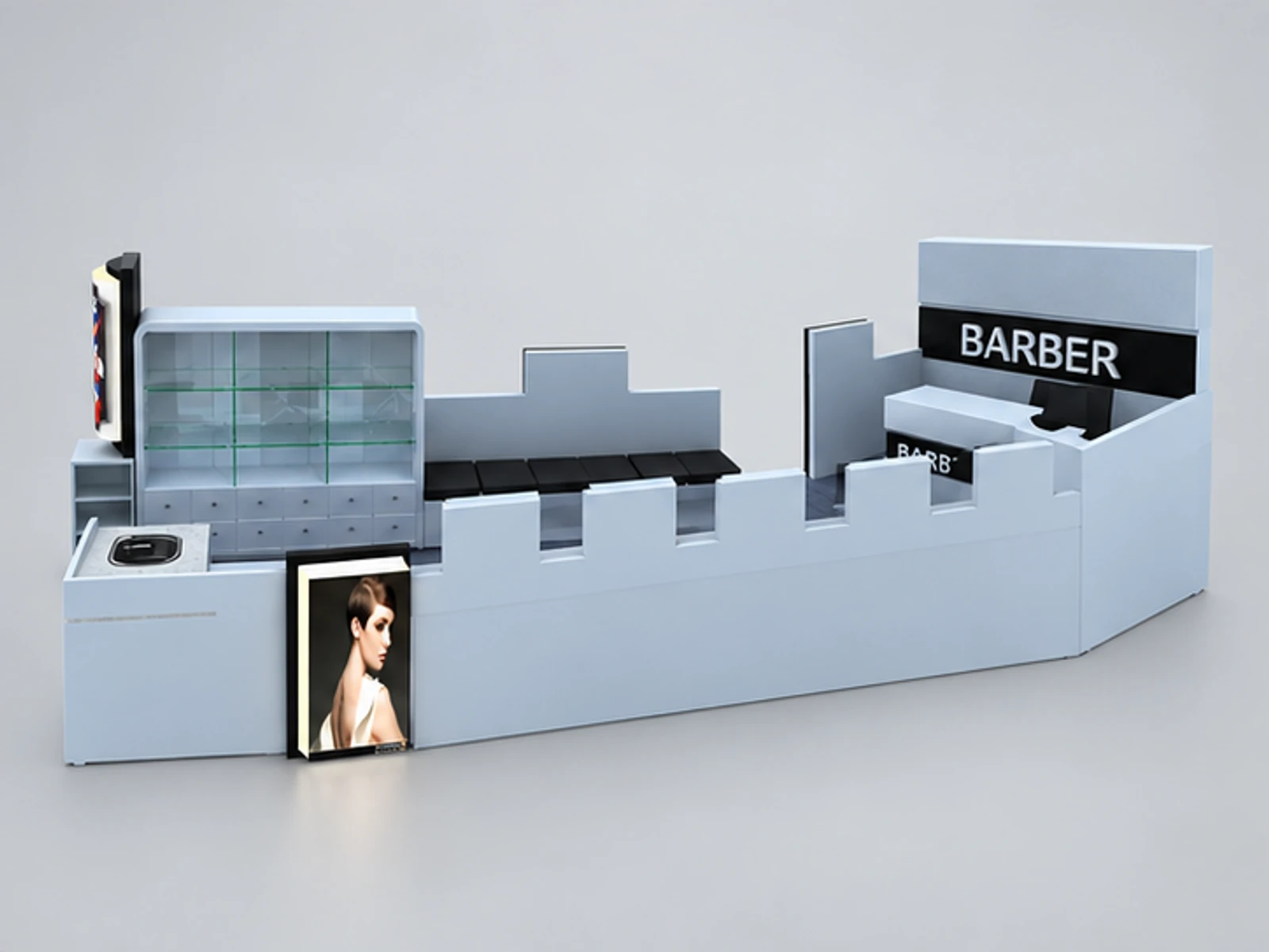 High end barber kiosk hair salon kiosk used in mall customer-facing service and display view