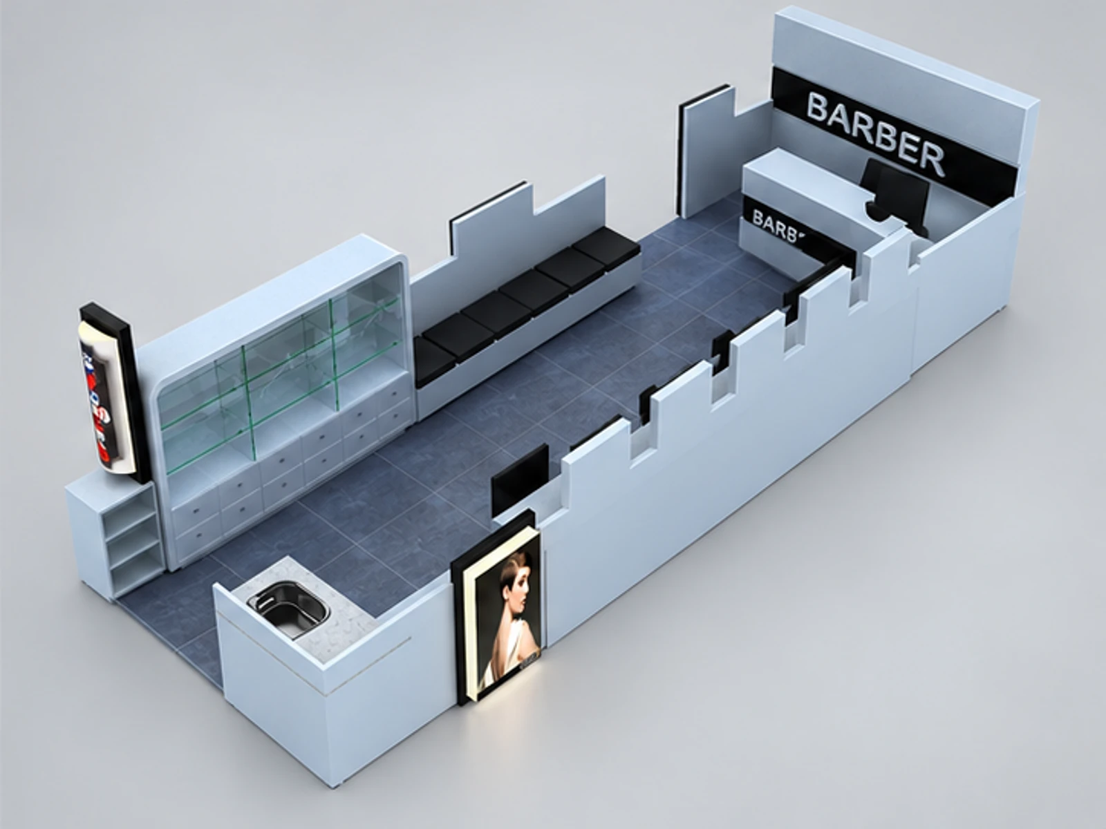 High end barber kiosk hair salon kiosk used in mall staff-side equipment and storage view