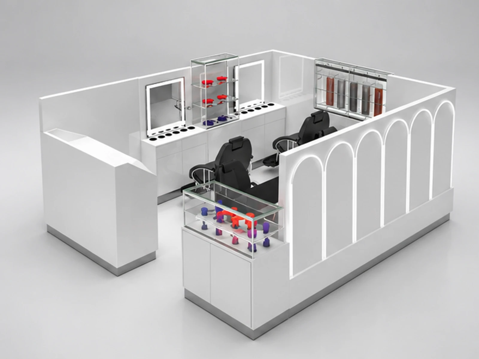 High end barber kiosk salon hair kiosk used in mall main three-quarter view