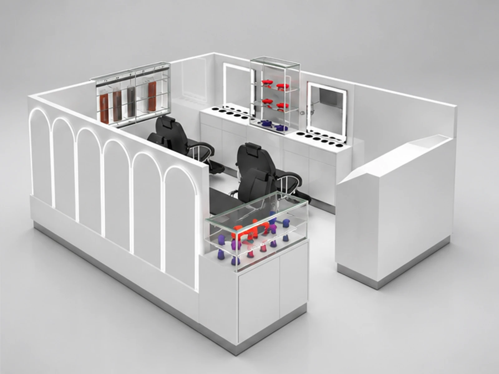 High end barber kiosk salon hair kiosk used in mall opposite angle and overall footprint
