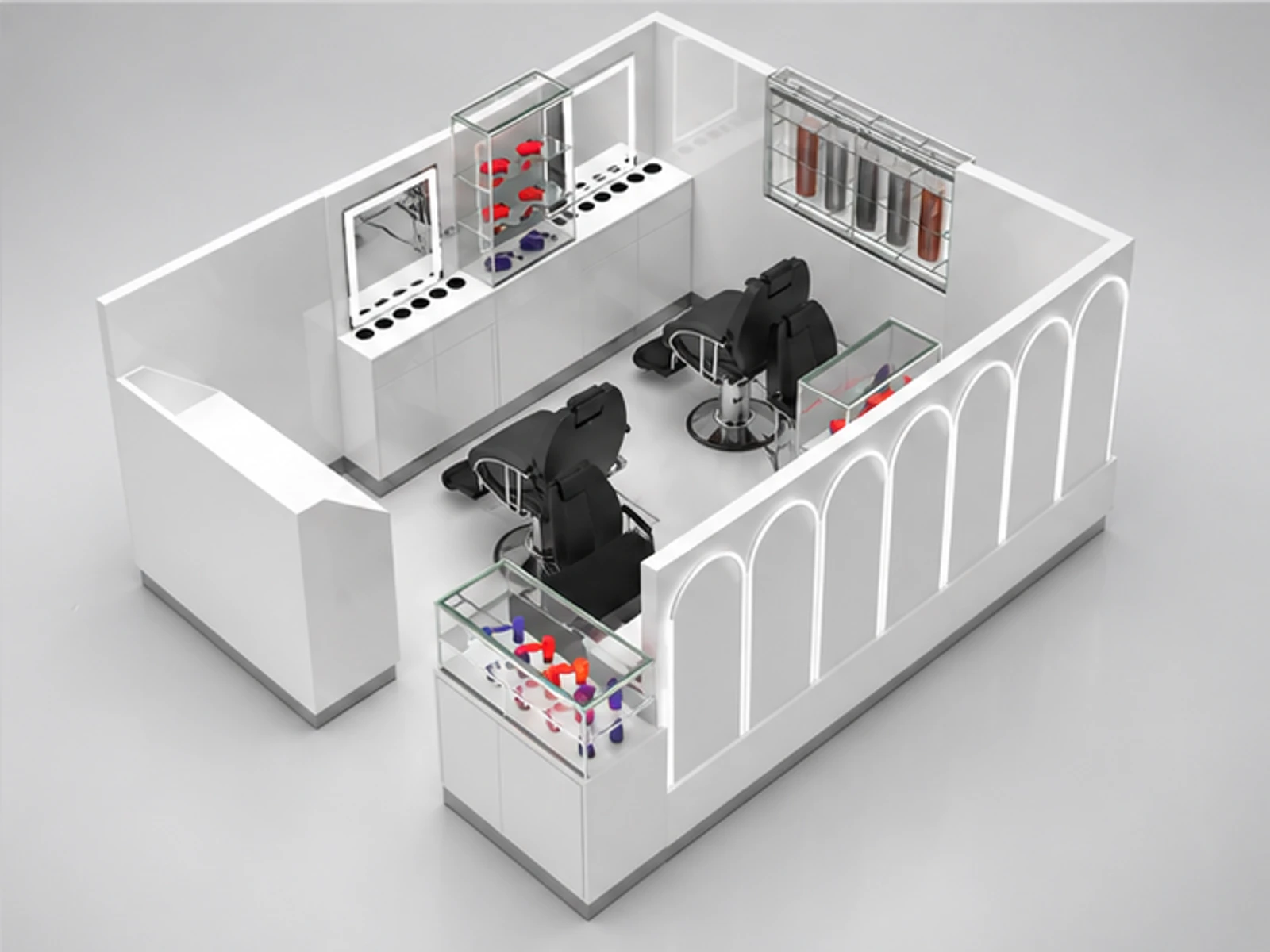 High end barber kiosk salon hair kiosk used in mall staff-side equipment and storage view