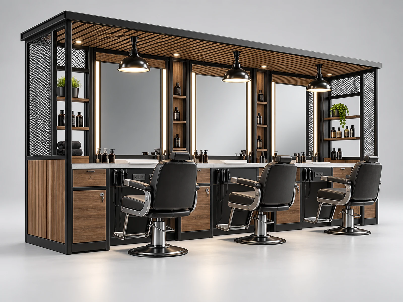 Industrial Barber Kiosk with Metal Frame Details main three-quarter product view