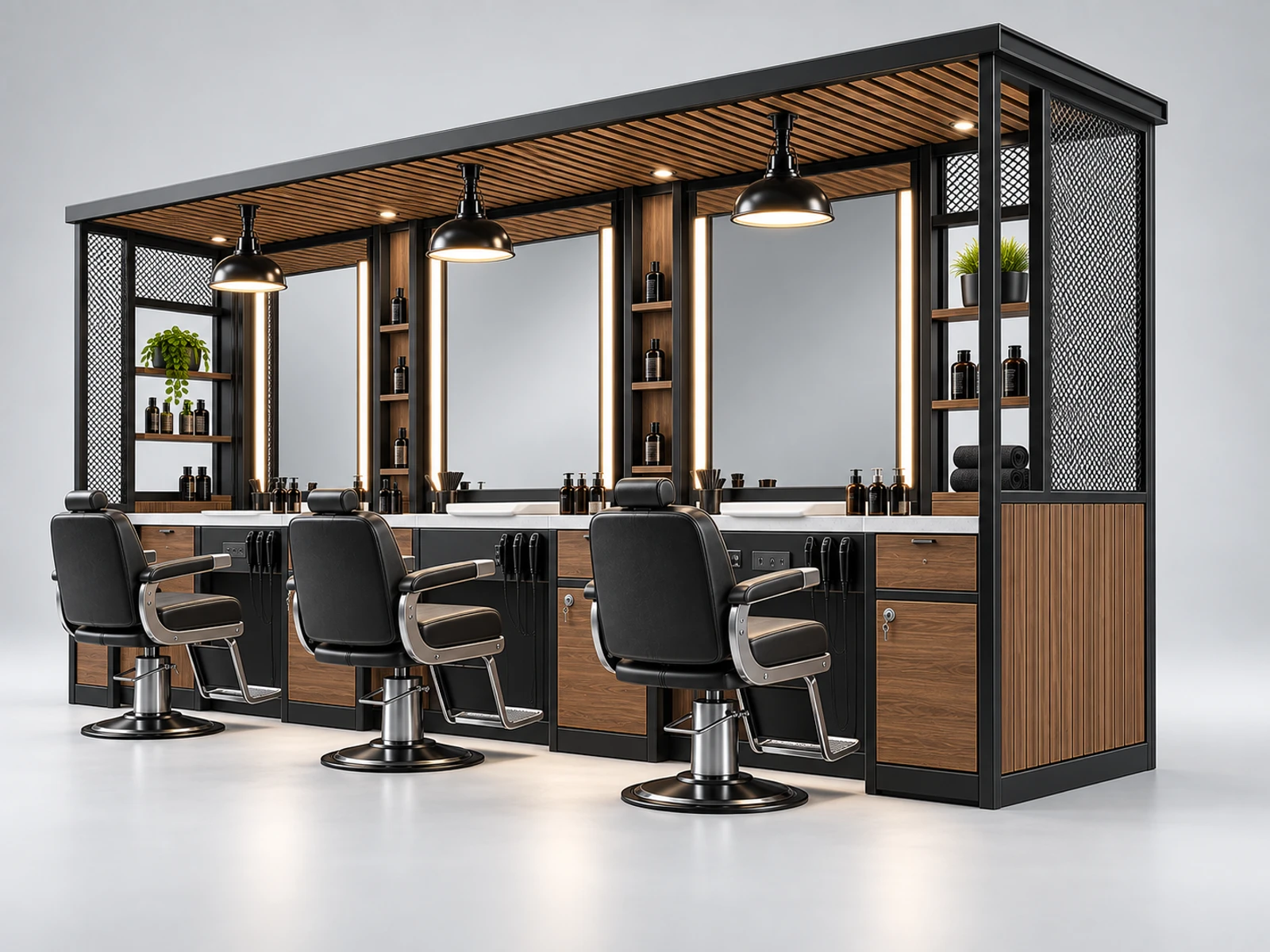 Industrial Barber Kiosk with Metal Frame Details opposite angle showing the complete layout