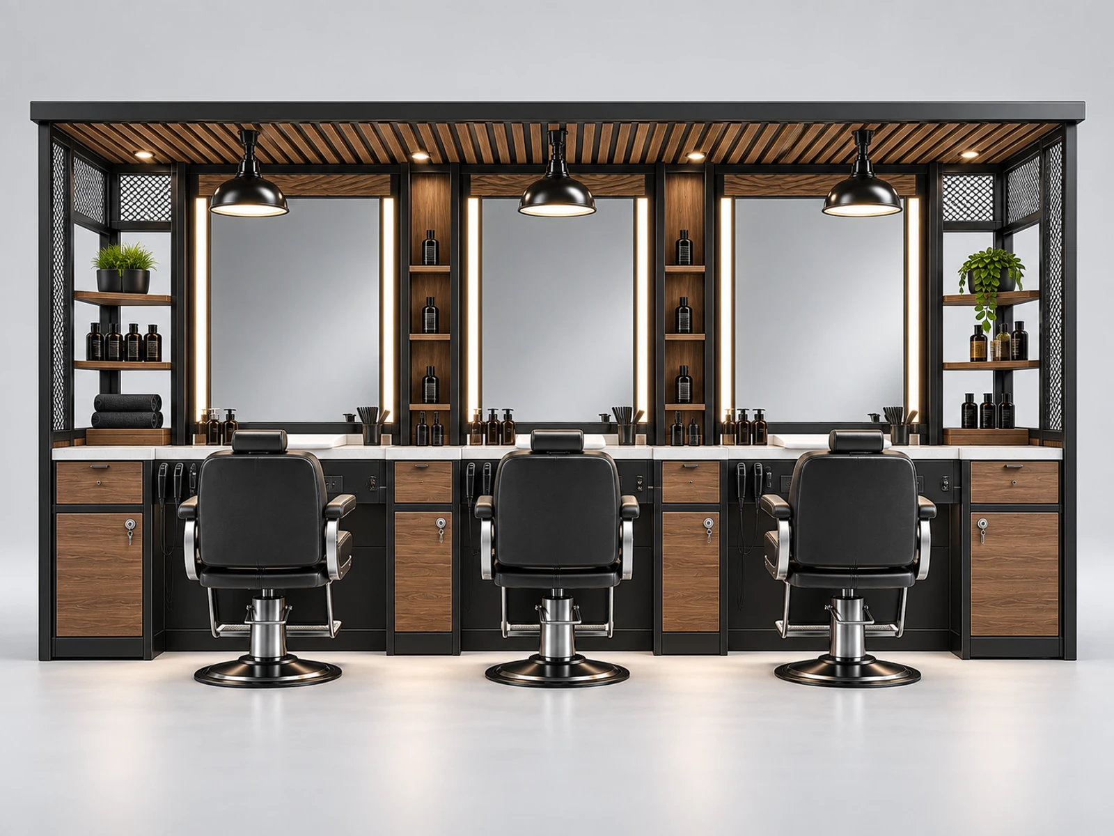Industrial Barber Kiosk with Metal Frame Details customer-facing service and display detail