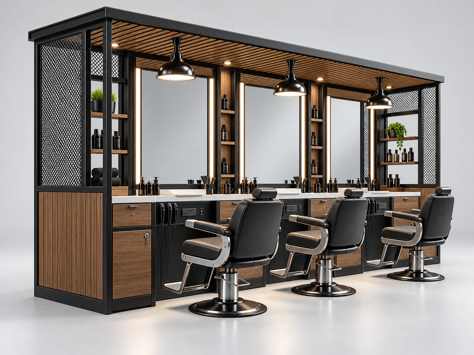 Industrial Barber Kiosk with Metal Frame Details staff-side equipment, utilities, and storage view