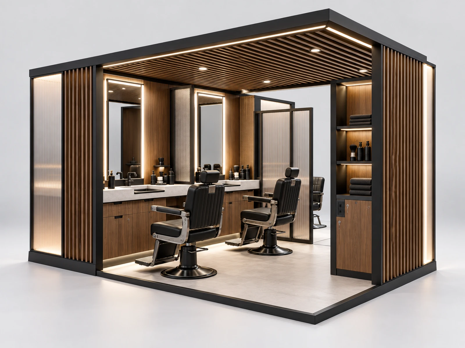 Luxury Grooming Kiosk with Private Service Screen opposite angle showing the complete layout