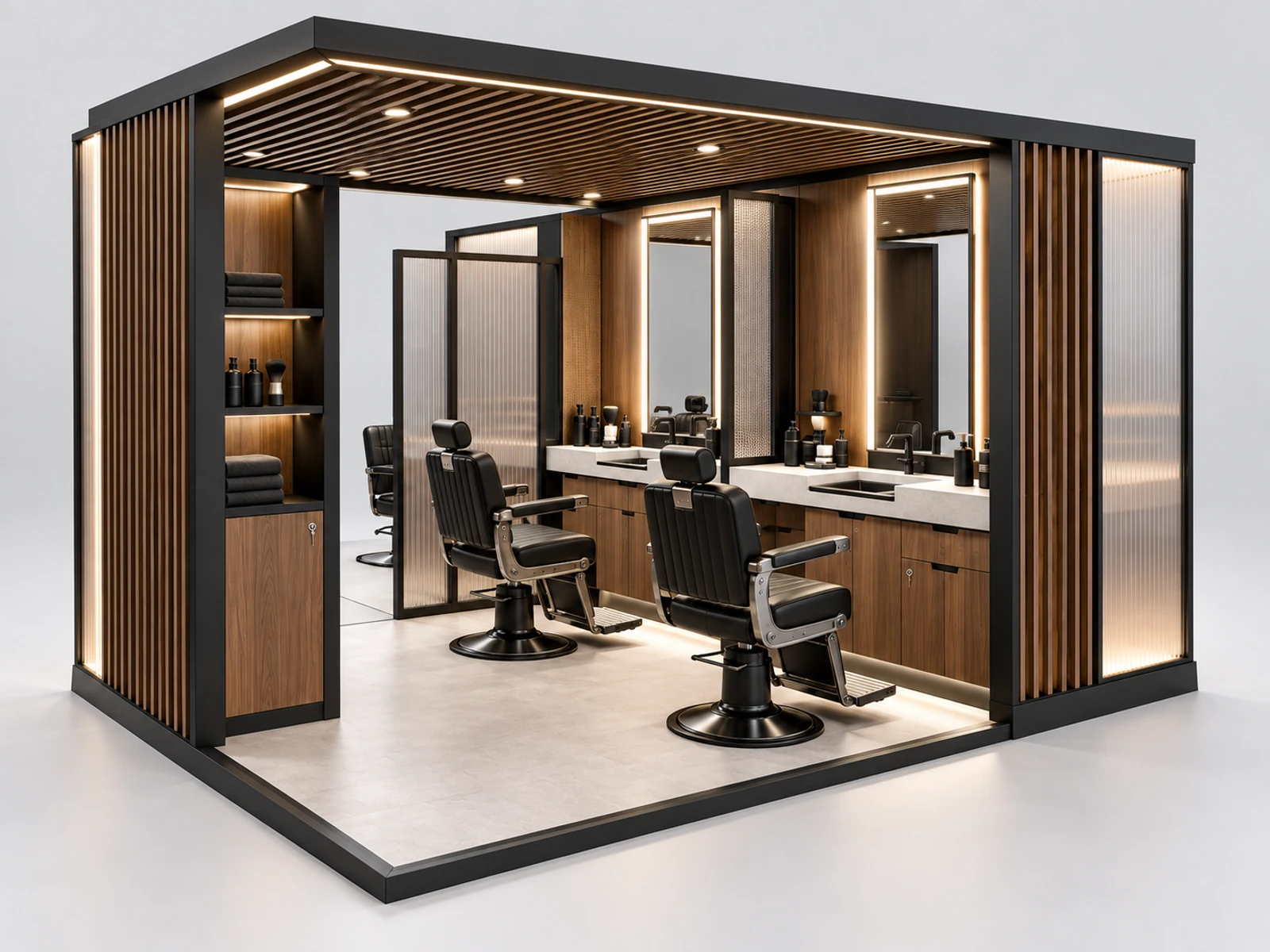 Luxury Grooming Kiosk with Private Service Screen staff-side equipment, utilities, and storage view